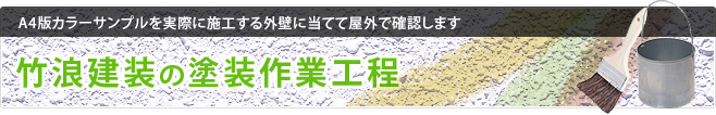 A4版カラーサンプルを実際に施工する外壁に当てて屋外で確認します。竹浪建装の塗装作業工程